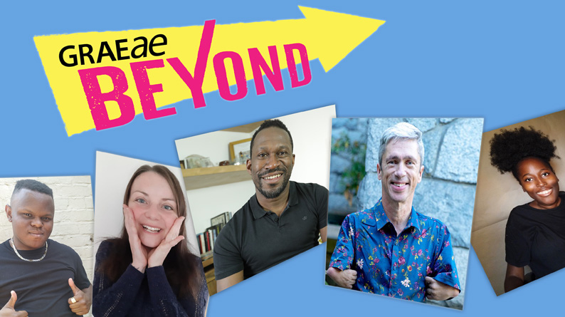 Five artists' headshots sit across the image against a sky blue background. A black Graeae logo and Pink text reading 'Beyond' overlay a yellow arrow above the artists.