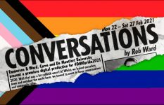 Promotional artwork for Conversations. A torn newspaper strip reads 'Conversations' above an LGBTQ+ Pride Flag.