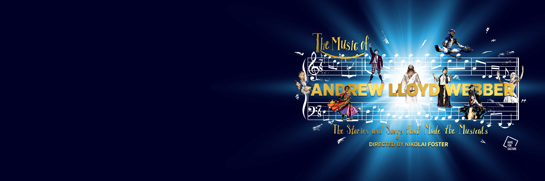 Promotional artwork for The Music of Andrew Lloyd Webber. A white passage of music studded with illustrated characters from Andrew's musicals overlays a dark blue background with a white starburst in the middle. Golden text around the music reads The Music of Andrew Lloyd Webber, the stories and songs that made the musicals.