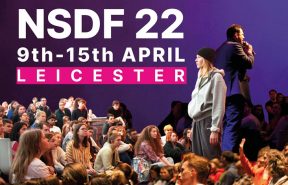 Promotional artwork for NSDF 22. Against a purple background, a collage of a young audience watching a performer sit beneath white text that reads NSDF 22, 9th - 15th April, Leicester.
